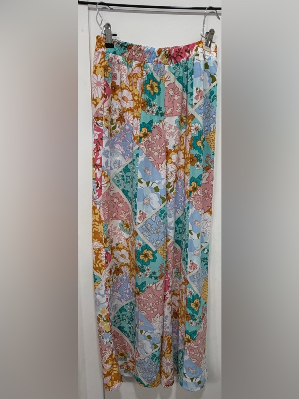 Timing Floral Patchwork Maxi Skirt in Teal, Pink & Mustard